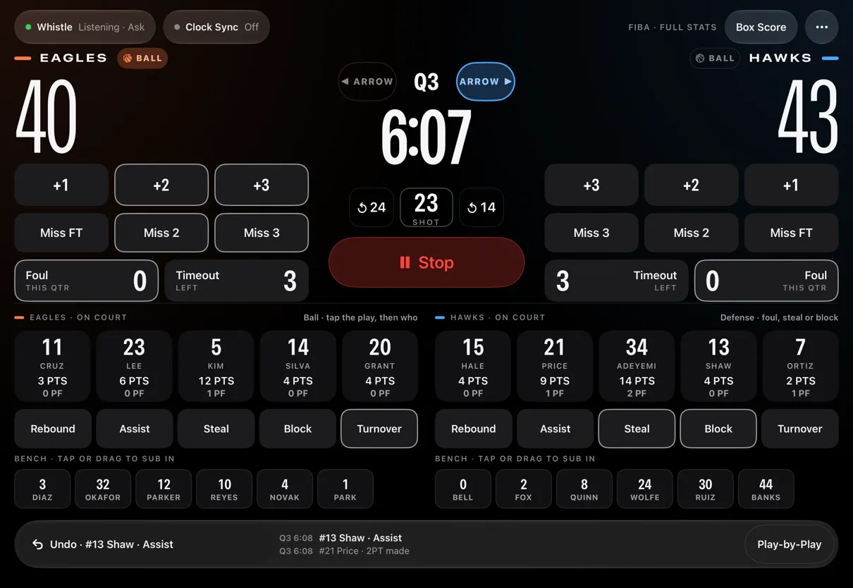 Courtside on iPad: two teams mirrored around the game clock, with score, fouls and player tiles